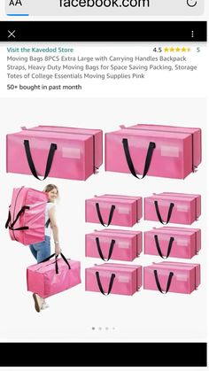 a pink bag with black straps and the words facebook on it, in front of an image of a woman