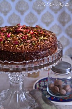 a cake sitting on top of a glass plate