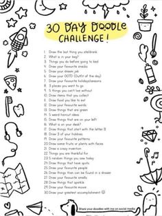 the 30 day doodle challenge is shown in black and white with cartoon characters around it