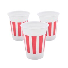 three red and white striped cups sitting next to each other