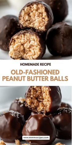 chocolate covered peanut butter balls stacked on top of each other with the words homemade recipe