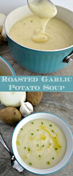 roasted garlic and potato soup in a blue bowl