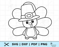 a turkey with a pilgrim hat on it's head is outlined in black and white