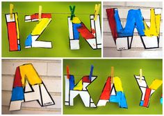 four different pictures of colorful letters hanging from clothes pins