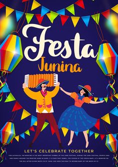 a poster for festa junina with two people dancing around a fire and flags