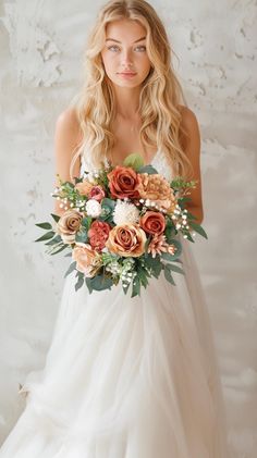 a woman in a white dress holding a bouquet of flowers and greenery on her wedding day