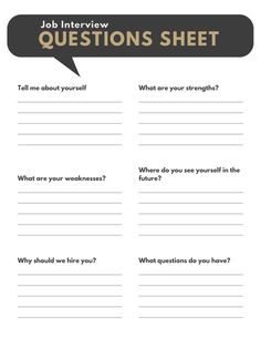 a question sheet with the words job interview questionsheet written in black and white