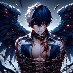 an anime character with wings and chains around his waist, wearing a shirt that has blood all over it