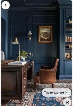 an office with dark blue walls and wooden furniture, along with a rug on the floor