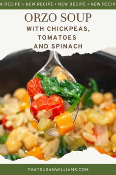 a spoon full of pasta with tomatoes and spinach on it is featured in this recipe