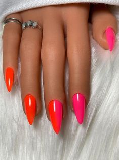 Summer 24 Nails Almond, Oval Nail Inspo Summer, Neon Pink Purple Nails, Spring Nails 2023 Bright Colors, Red And Orange Acrylic Nails, Bright Beach Nails Summer Colors, Pink Red And Orange Nails, Short Coffin Shape Nails Summer, Pink To Orange Ombre Nails