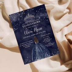 an image of a princess in blue dress on the cover of a wedding card that reads quinceenanera