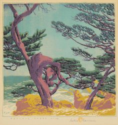 an image of a painting of trees by the ocean with rocks and water in the background