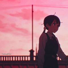 an anime character is standing in front of a pink sky and looking off into the distance