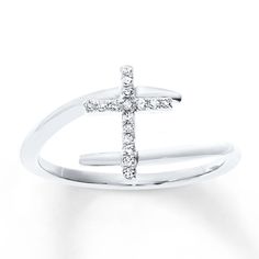 This pretty bypass ring for her features a cross outlined in sparkling diamonds atop a 10K white gold band. The ring totals 1/15 carat in diamond weight. Cross Rings, Engagement Ring For Him, Christian Merch, Jewelry Advice, Bypass Ring, Kay Jewelers, Diamond Cross, Cross Ring, White Gold Band