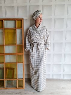 "Linen robe - this loose style linen bath robe is made of stonewashed medium weight soft linen and is oversized style. Linen kimono design dressing gown is with side pockets and has adjustable tie for best fitting. Composition: 100% natural softened 200gsm linen Please choose a size and length : Back length: short - 90cm (35\") middle - 105cm (41\") long - 120cm (47\") very long - 140cm (55\") Robe width: XS-M size - 58cm x 2 L-XL size - 62cm x 2 If you need other size, please contact us. Linen Linen Gown, Linen Bathrobe, Linen Kimono, Linen Robe, Kimono Design, Long Gown Dress, Summer Kimono, Linen Loungewear, Wedding Robe