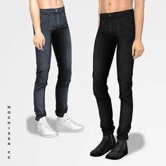 two men standing next to each other wearing black jeans