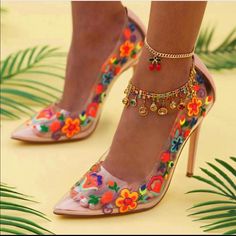 Color Changing Shoes, Clear Pumps, Floral Heels, Women Flower, Size 11 Heels, Mesh Shoes, Ankle Bracelet, Stiletto Pumps, Diy Shoes