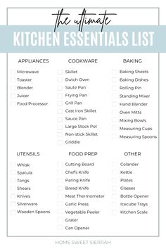 Printable Kitchen Essentials Checklist Must Haves In The Kitchen, Kitchenware Checklist, New Kitchen List, Minimalist Kitchen Essentials List, Kitchen List For New Apartment, Kitchen Cleaning Supplies List, Cooking Essentials List, New Kitchen Checklist, New Kitchen Essentials List