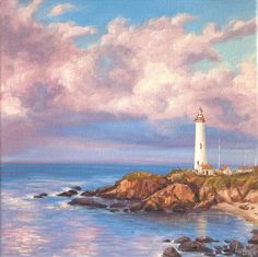 an oil painting of a lighthouse on the coast with clouds in the sky above it