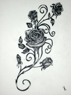 a drawing of a rose with swirls and leaves