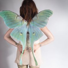 a woman wearing a butterfly costume with her back to the camera and hands on her hips