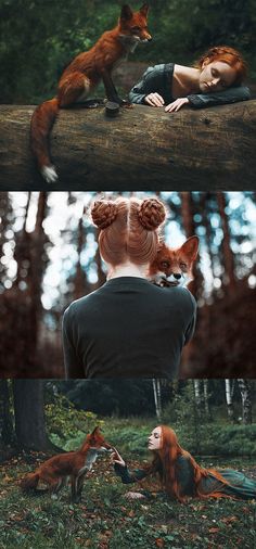 a woman laying on top of a forest next to a red fox and another photo