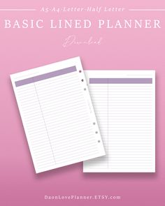 two lined paper with the words basic lined planner printed on it and an image of a pink