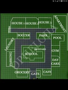 a green floor plan for a house with the names and numbers in white on it