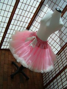 "This listing is for a custom version of the pictured super-full double layer nylon chiffon pettiskirt with satin waist. The pictured pettiskirt was designed for a 27 inch (69cm) waist and is 19 inches (48cm) long. You can choose any length up to 25 inches (63,5cm) long. I will lengthen the tiers to achieve a longer length. The \"look\" of the pettiskirt becomes more A-line as I make it longer. If you would prefer this style in other colors or a solid color, please feel free to contact me with y Fitted Pink Petticoat With Ruffled Skirt, Pink Fitted Organza Skirt, Waist Measurement, Candy Pink, Sewing Pattern Design, Polyester Satin, Pink Candy, Gifts For Wife, Sewing Pattern