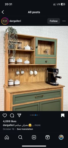 an old fashioned wooden cabinet with green paint and drawers on it's sides is shown in the instagram