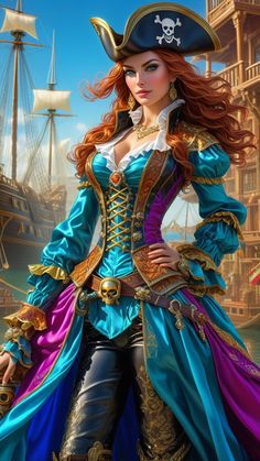 a woman dressed as a pirate standing in front of a ship