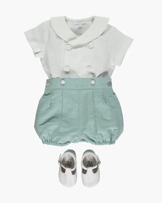 An elegant baby boy set designed from 100% luxurious linen. The short sleeve off white double breasted shirt made with a classic peter pen collar and a back button fastening, paired with green linen elasticated hem bloomer. This set is a perfect outfit for any celebration. Please allow 4 weeks between order and delivery for this bespoke garment to be made. Green Summer Sets With Button Closure, Green Short Sleeve Sets With Buttons, Classic Short Sleeve Sets For Spring, Hand Smocked Dress, Dresses And Tights, Baby Boy Shirts, Girls Special Occasion Dresses, Elegant Baby, Baby Set