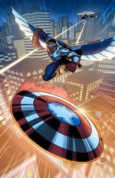 a man flying through the air while riding on top of a rocket in front of a city