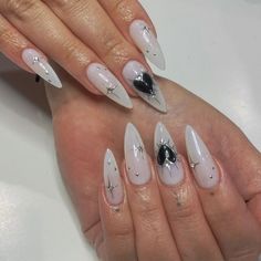 Simple Acrylic Nails Stiletto, Chrome Evil Eye Nails, Milky White Halloween Nails, Black Short Stiletto Nails, White Nails With Chrome, Black Almond Nail Ideas, Goth Nail Designs, Black And Silver Nail Designs, Nails With Chrome