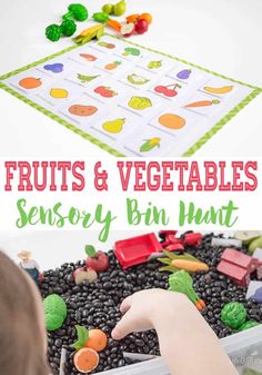 an image of fruits and vegetables in a bin with text overlay that reads, fruits and vegetables sensory bin hunt