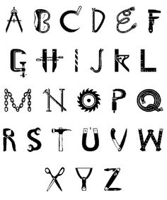 an old fashioned alphabet with scissors and chains