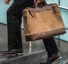 Heritage Waxed Canvas Lineman Duffle Bag-Bags > Duffle Bag > Waxed Canvas-Smoke-Brown-Mission Mercantile Leather Goods Rectangular Waxed Canvas Bag With Luggage Sleeve, Classic Rectangular Waxed Canvas Travel Bag, Rectangular Waxed Canvas Business Bag, Business Waxed Canvas Rectangular Bag, Brown Leather Laptop Bag With Canvas Lining, Waxed Canvas Rectangular Bag For Business, Business Canvas Shoulder Bag With Waxed Finish, Business Brown Waxed Canvas Bag, Brown Waxed Canvas Business Bag