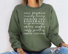 Cozy Blankets Crunchy Leaves Sweatshirt, Fall Lover Sweater, Womens Fall Crewneck, Halloween Sweatshirt, Fall Lists Sweater, Cozy Sweatshirt ✔The shirts we print are Bella Canvas, Gildan and Next Level. Your orders are sent according to stock status. PREMIUM HIGH QUALITY 1- Select your " Shirt Size". 2- Select your " Shirt Color". 3- Select the Quantity. 4- Click "Add to cart" button. Note: For multiple items go back to the listing and repeat the steps above. SIZE AND COLORS: For sizing details and color options, please see the listing images. ❤ Unisex Sizing ❤ Black, White, Navy, Orange, Maroon, Red and Sunset color T-shirts are %100 quality cotton. ❤ Tear away label ❤ Soft & Stylish ❤ Retail fit ❤ Very high-quality smooth print, we do not use cheap iron on transfers. PROCESSING TIME: The Cheap Cozy Cotton Sweater, Cheap Red Sweatshirt For Fall, Cheap Cozy Black Sweater, Cheap Cozy Sweater With Buttons, Cheap Cozy Button-up Sweater, Cheap Orange Sweater For Fall, Halloween Anniversary, Hot Cocoa Gift, Crunchy Leaves