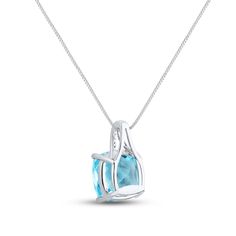 A colorful checkerboard cushion-cut blue topaz is the centerpiece of this stunning necklace for her. Styled in sterling silver, white lab-created sapphire accents add eye-catching sparkle. The pendant sways from an 18-inch box chain. Blue Cushion Cut Fine Jewelry Necklace, Sterling Silver Necklace With Cushion Cut Diamond Accents, Sterling Silver Necklace With Diamond Accents, Silver Blue Topaz Cushion Cut Jewelry, Blue Cushion Cut Jewelry With Gemstone Accents, Colorful Checkerboard, White Lab, Necklace For Her, Kay Jewelers