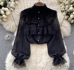 Lasaky - Designer Blouse with Elegant Pleated Ruffles, Sweet Lace Trim, and Flared Bell Sleeves in Floral Chiffon Fabric Chiffon Lace Blouse, Black Chiffon Blouse, Spring Fashion Chic, Chiffon Tops Blouses, Korean Fashion Summer, Spring Blouses, Flare Long Sleeve, Sweet Shirt, Women Blouse