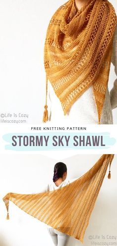 a woman wearing a yellow shawl with text that reads, free knitting pattern stormy sky shawl