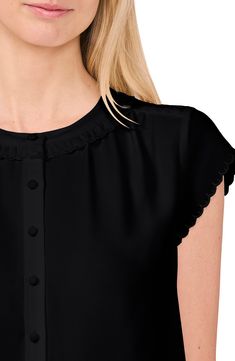 Dainty scalloped edges highlight the cap sleeves of this light and airy georgette top. 24 1/2" length (size Medium) Front button closure Band collar Cap sleeves 100% polyester Machine wash, tumble dry Imported Elegant Black Flutter Sleeve Blouse, Elegant Sleeveless Tops With Scalloped Edges, Elegant Black Flutter Sleeve Top, Elegant Fitted Blouse With Scalloped Edges, Elegant Blouse With Lace Trim And Flutter Sleeves, Elegant Blouse With Scalloped Edges, Chic Fitted Blouse With Scalloped Edges, Summer Blouse With Scalloped Edges And Short Sleeves, Elegant Summer Top With Cap Sleeves