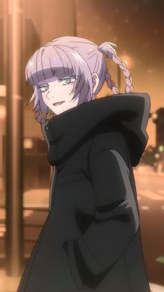 an anime character with pink hair in a black coat looking off to the side while standing on a city street