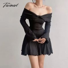 Tavimart Women Mini Dress Rib Knit Solid Color Off Shoulder Long Sleeve Dress Street Party Club Elegant Y2K Skinny Sexy A-Line Sweet Dres Short Party Dress Club, Off Shoulder Fitted Dress, Victorian Outfit, Elegant Y2k, Off Shoulder Long Sleeve Dress, Long Sleeve Homecoming Dresses, Virtual Wardrobe, Mini Skirt Dress, Street Dress