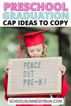 a girl in graduation cap and gown holding up a sign with the words peace out pre - k