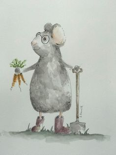 a drawing of a mouse holding a carrot