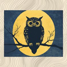 an owl sitting on a tree branch in front of a full moon