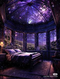 a bed sitting under a purple sky filled with stars