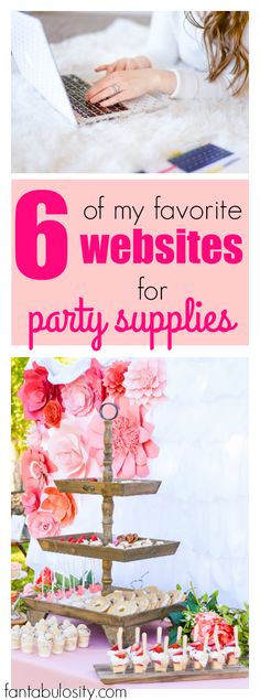 a woman sitting at a table with cupcakes on it and the words 6 of my favorite website's for party supplies